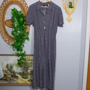 VTG Navy Polka Dot Collared Maxi Dress Elastic Waist Button Front | True Winter